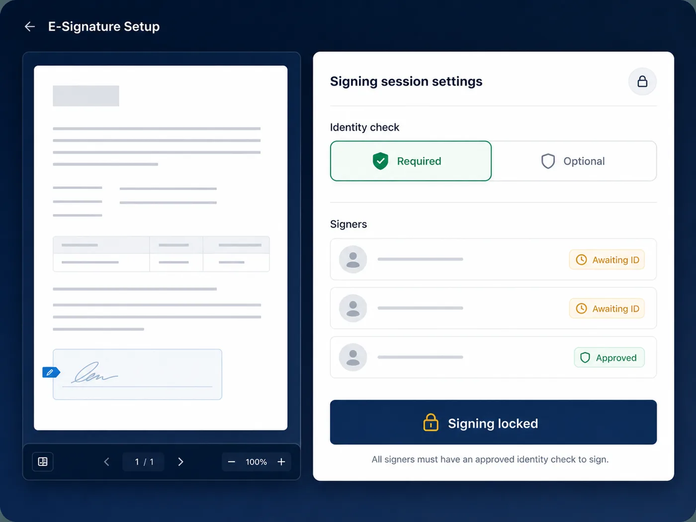Session setting that requires identity verification before signing