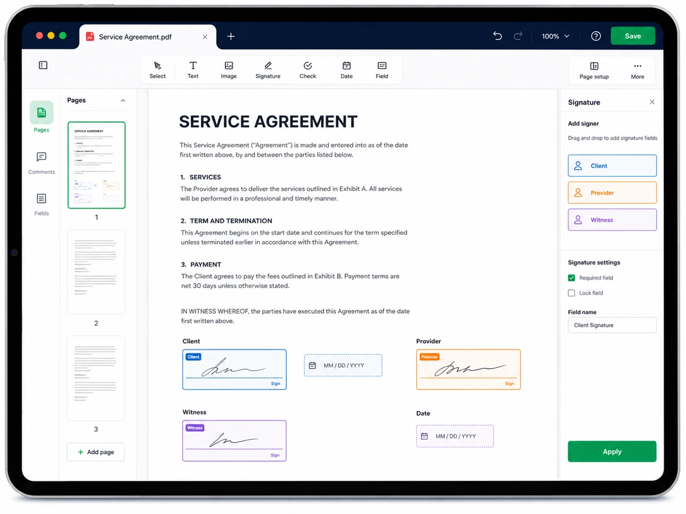Editing a PDF and placing signature boxes in the same screen