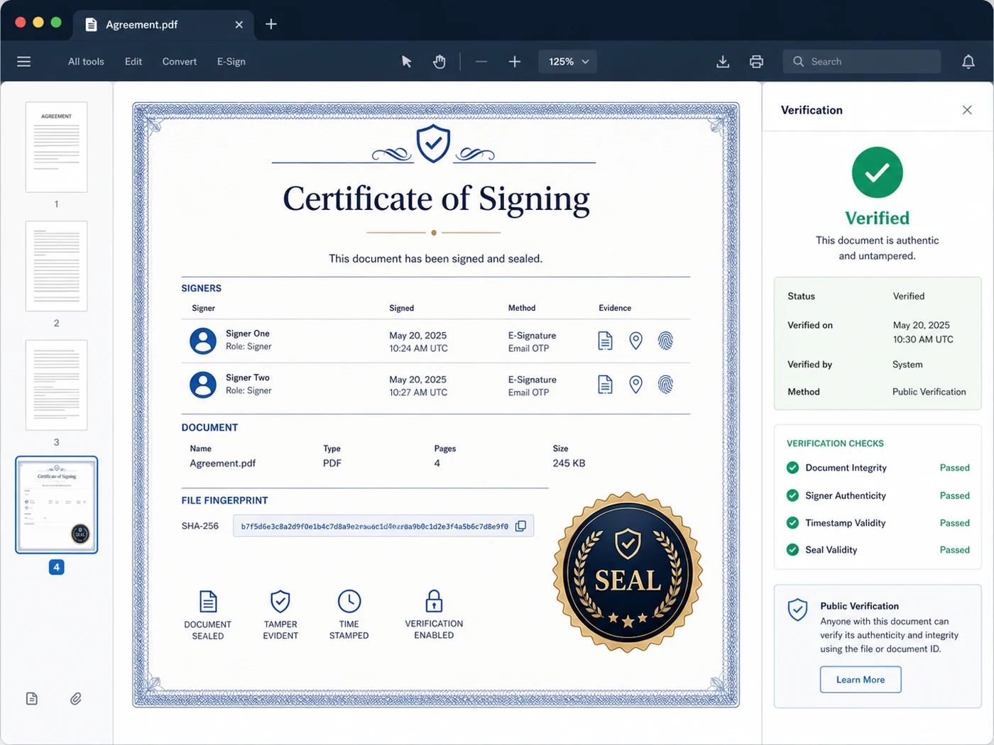 Certificate of Signing and Seal page appended to a signed PDF