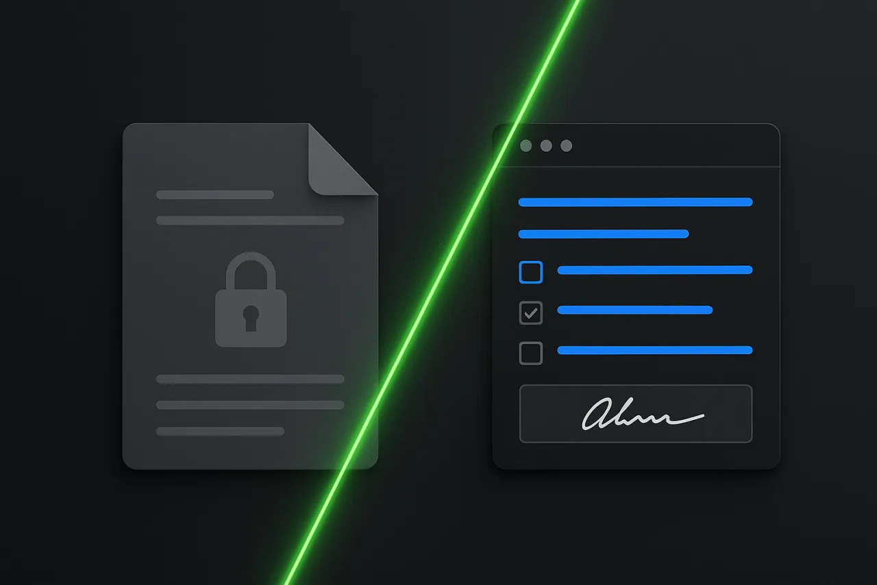 A locked gray PDF transformed by a green laser into an interactive form with blue editable fields, checkboxes and a handwritten signature
