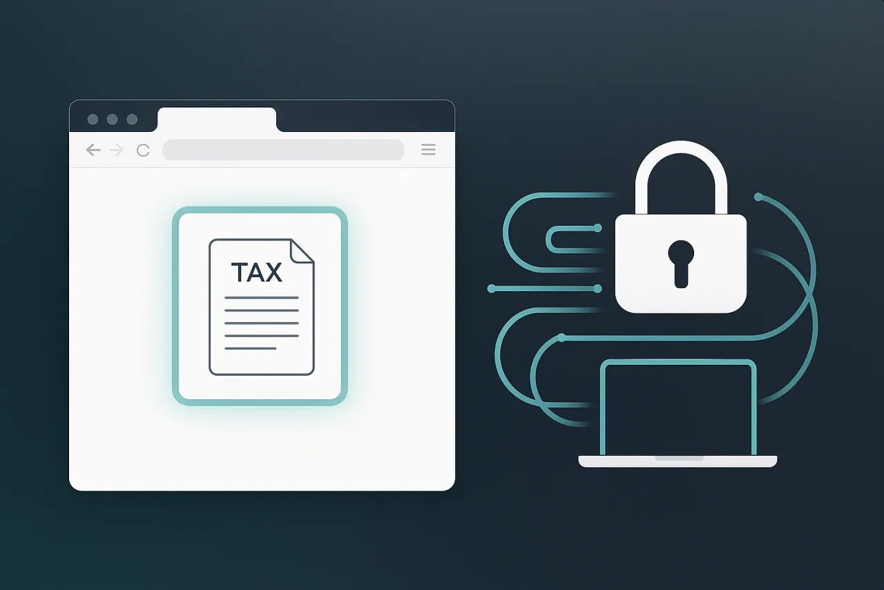 EZ PDF Editor processing a tax document locally in the browser, with a secure lock looping the data back to the user's own laptop