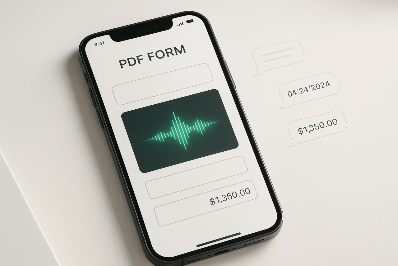 A phone showing a PDF form being filled by voice — a green waveform with dates and dollar amounts streaming into the document fields